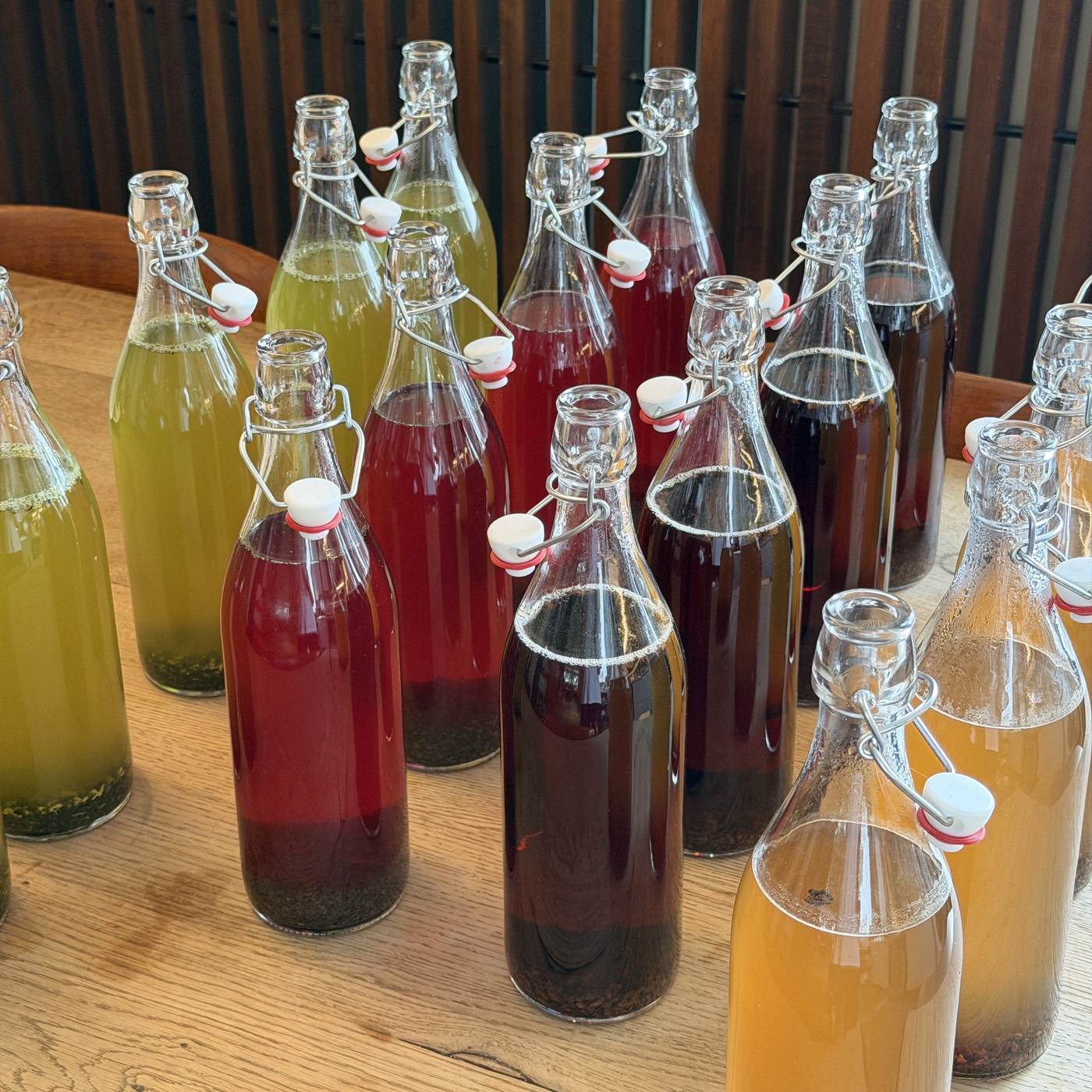 Rows of swing-top glass bottles filled with green, red, amber and gold cold-brewed tea on a wooden table